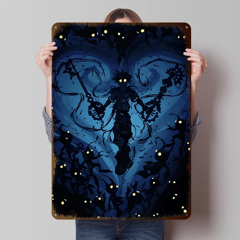 Póster impreso Kingdom Hearts Sora rodeado de sombras, arte de pared personalizado, carteles de hojalata de Metal Retro Vintage para decoración del hogar y la Oficina