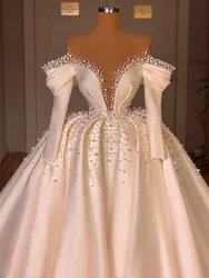 Dubai Luxury Pearls A-line Wedding Dress Detachable Long Sleeves Floor Length Princess Bridal Gown Vestido De Novia