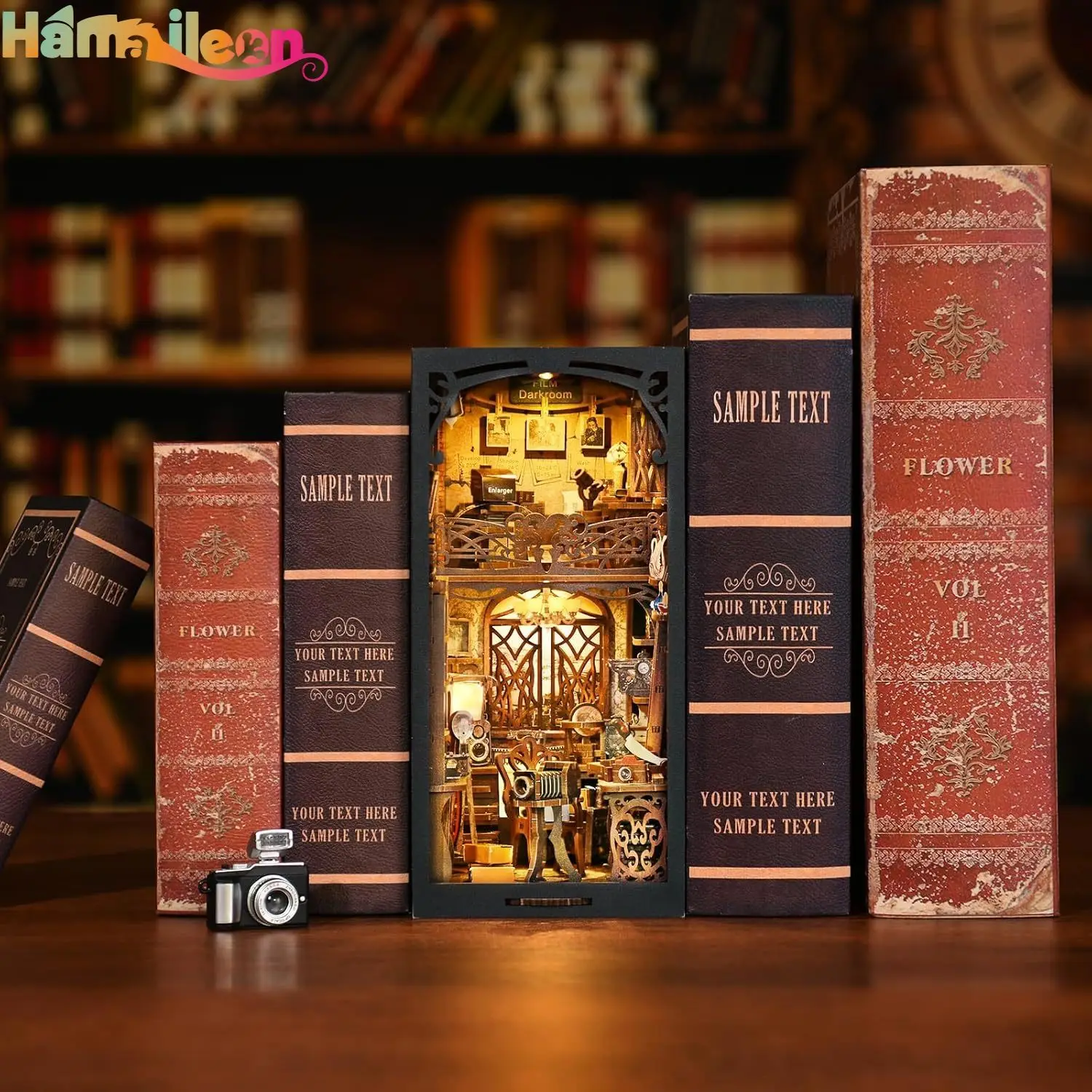مجموعة زاوية كتب Hamaileon DIY، رف كتب لبيت الدمى، غرفة ألغاز خشبية ثلاثية الأبعاد مع ضوء LED للبالغين (غرفة مظلمة للفيلم)