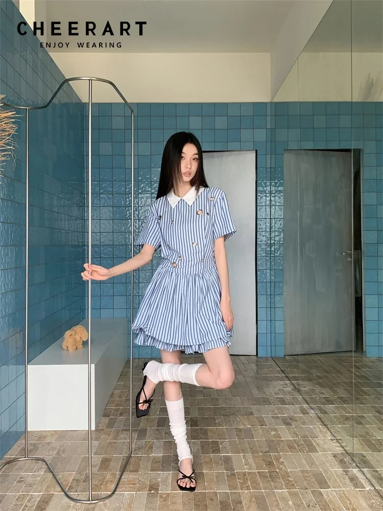 CHEERART Preppy Blue And White Striped Short Sleeve Dress Polo Collared Hollow Out Rings Mini Shirt Dress Women 2024 Summer