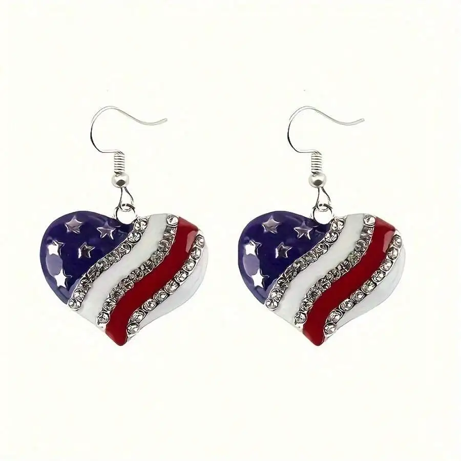 American Flag Heart Drop Earrings With Rhinestones For Independence Day Party Holiday Gift