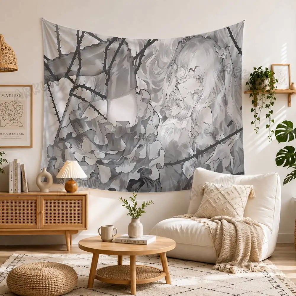 Monochrome Gothic Anime Girl Tapestry, Dark Aesthetic Thorn And Rose Illustration Wall Hanging, Vintage Lolita Style Wall Decor