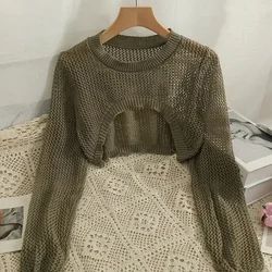 Spring and Autumn Hollow Thin Long-sleeved T-shirt Women's Round Neck Short Knitted Blouse Drop Shipping Wholesale Sweaters