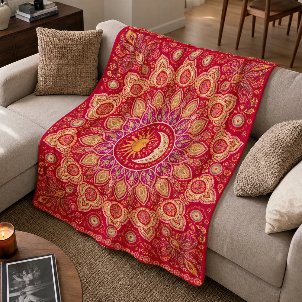 Luxurious Red Paisley Mandala Throw Blanket for Sofa Boho Winter Cozy Fleece Knit Decorative Home Decor Couch Throw