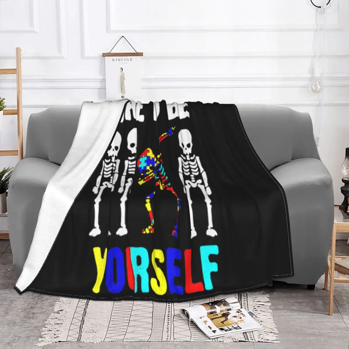 Autism Awareness Gift Skeleton Dabbing Dare To Be Yourself Discount Original Rap Adults Throw Blanket