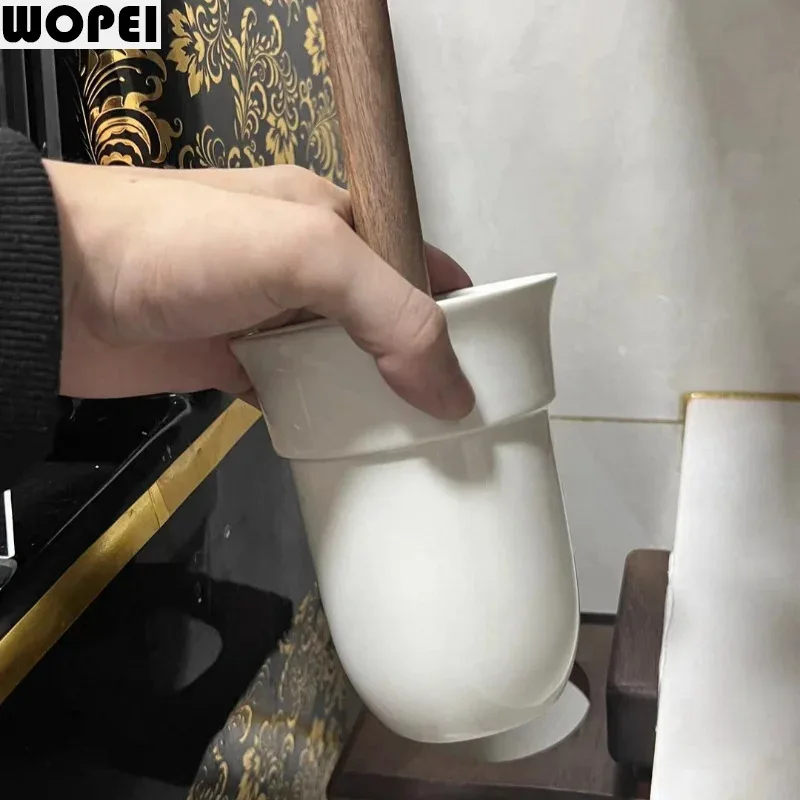 Ceramic Base Toilet Brush Holders Bathroom Wood Toilet Brush rack Wall-mounted Brushes No-punch Wall Cleaning Brush Set