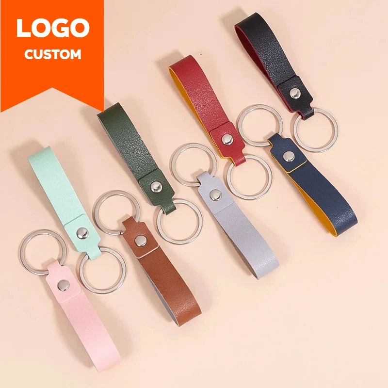 

Customized LOGO Double-side Colors Leather Keychain Laser Engrave Keyring Company Activity Hotel Number Key Chain Holder Gifts