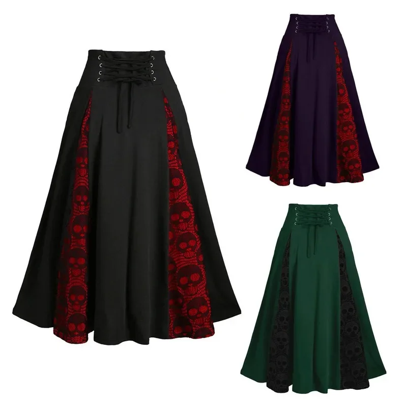 

New European and American Lace Up Waist Cinching Skirt, Halloween Skull Head Lace Patchwork Button Skirt