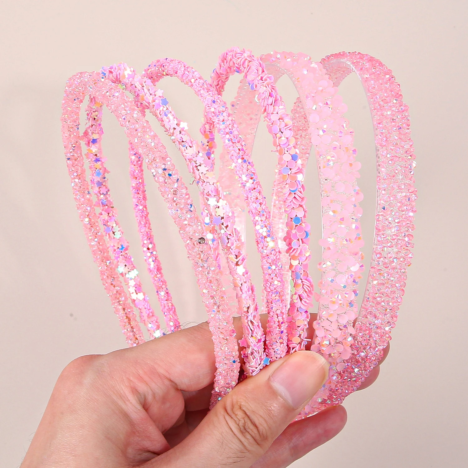 

6pcs Pink Colors Glitter Sequined Scallion Powder Headbands For Girls Plastic Teeth Hair Hoops For Kids Women Hair Accessories
