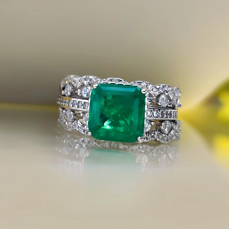

Layered three in one diamond ring with green lace 925 sterling silver trendy light luxury and high-end wedding jewelry