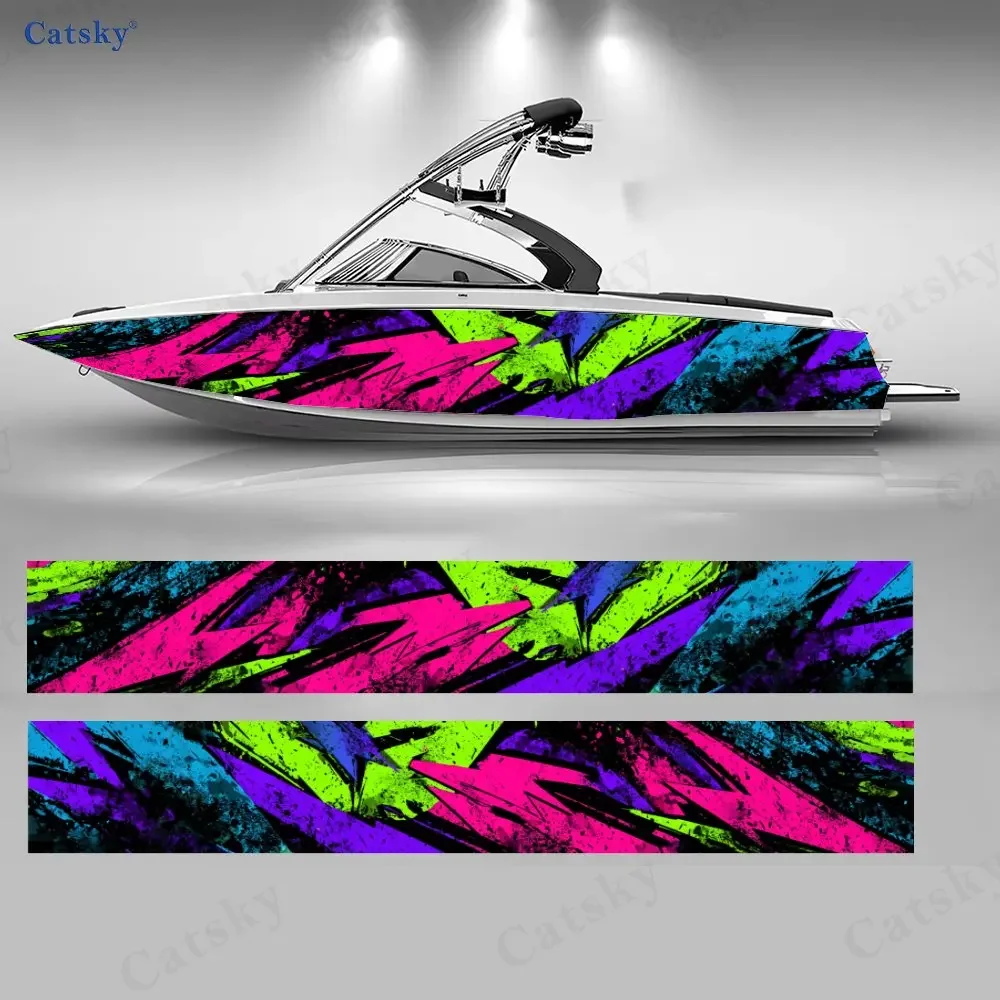 2Pcs Neon Splash Geometry Boat Stickers, PVC Waterproof Durable Vinyl Wrap Decals for Fishing Boats, Durable and Stylish Design