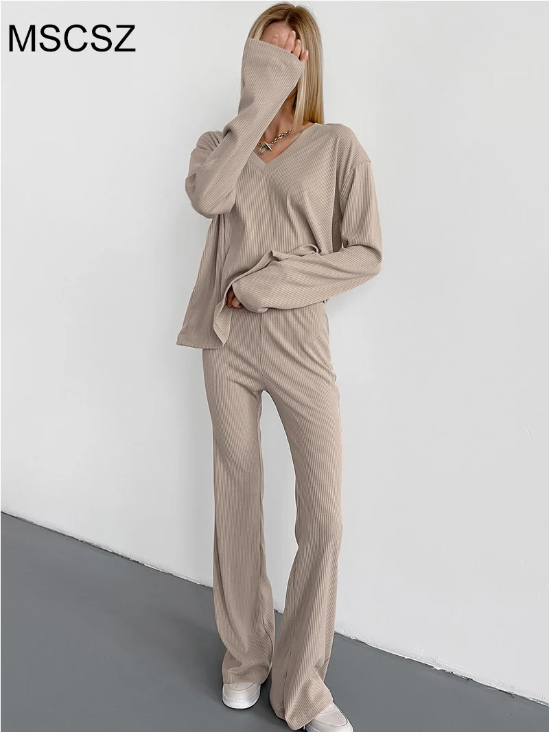 MSCSZ Long Sleeve Top And Pants Sets 2 Piece Home Suit For Women Fashion Solid Cotton Loungewear Women Set