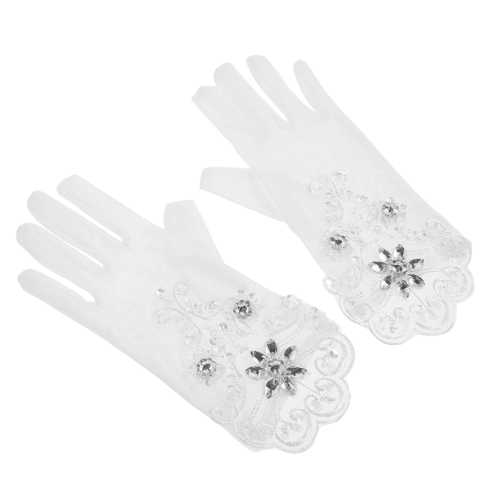 

1 Pair White Lace Gloves Short Bridal Mesh Arm Sleeves Beaded Embroidered Evening Gloves For Wedding Party Bride Accessories