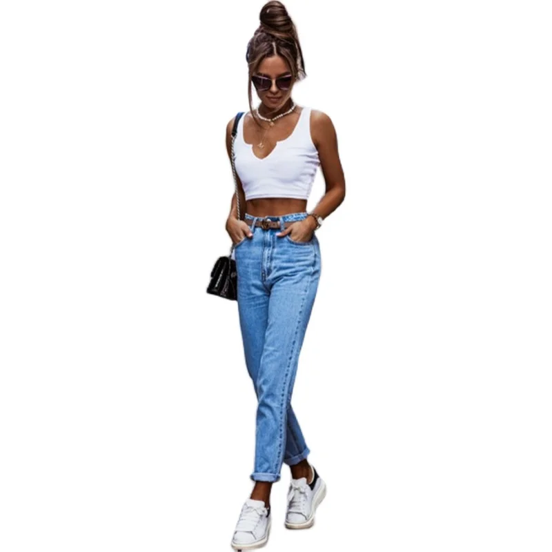Jeans met hoge taille en rechte pijpen Lange damesbroek Katoen Stretch Denim Ritssluiting Veelzijdig seizoensgebonden lichtgekleurd