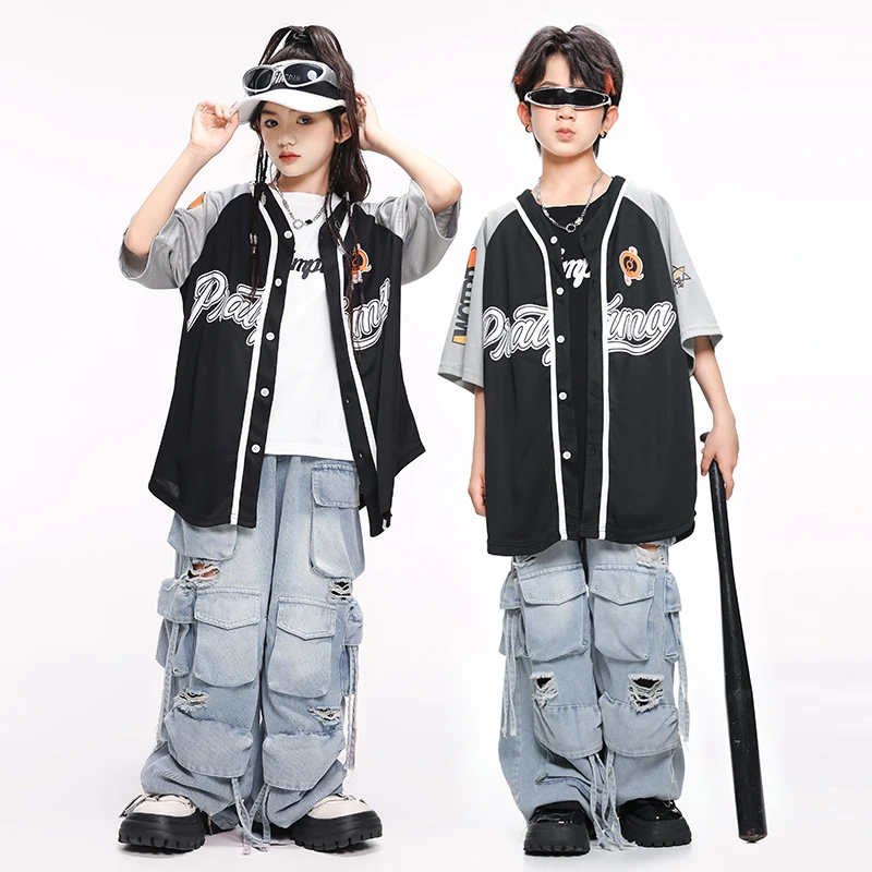 ヒップホップ男の子野球デニムシャツ破れたジーンズ女の子ストリートカーゴパンツ子供ストリートダンス服子供ステージ衣装