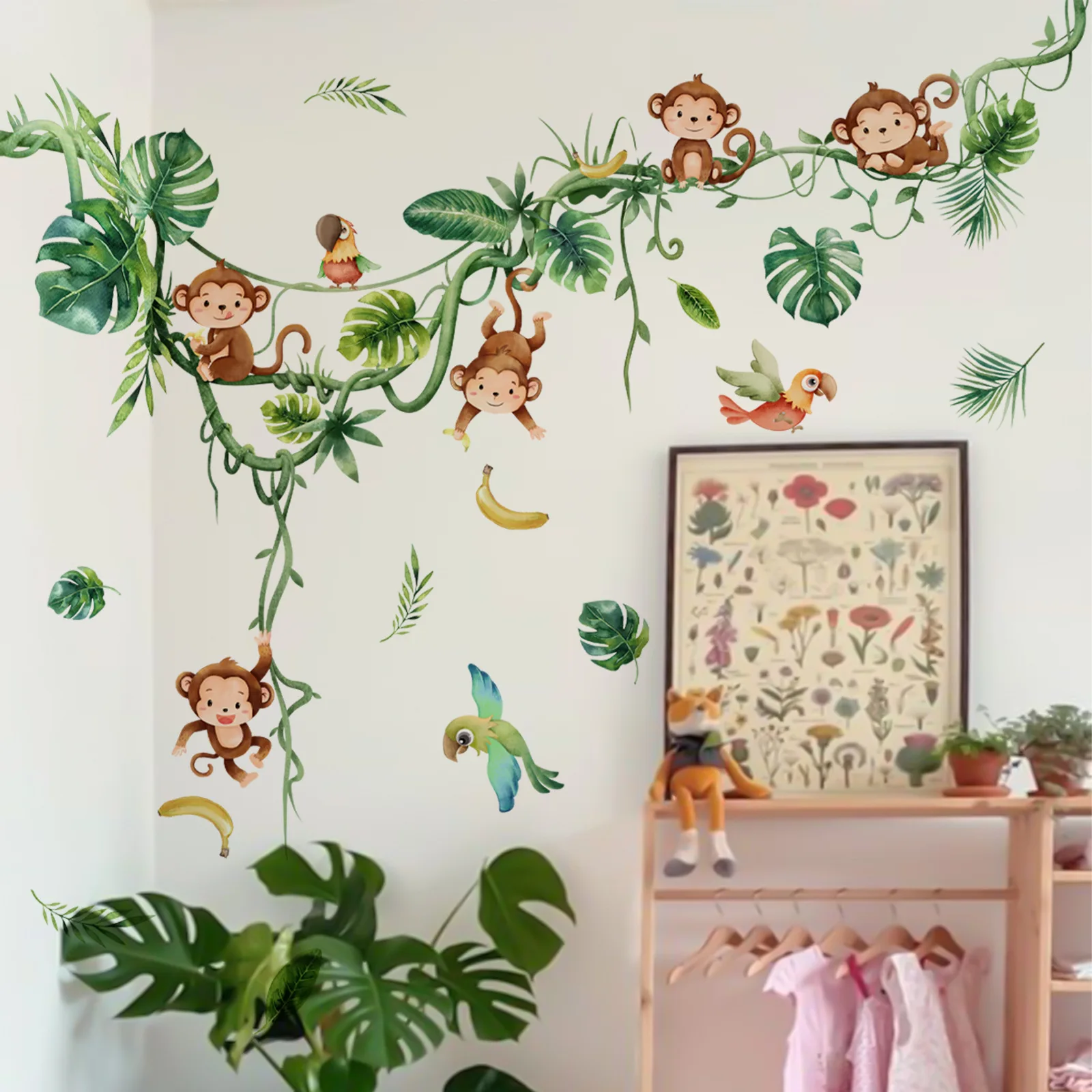 4pcs Cartoon Forest Animal Monkey Vine Wall Stickers Children's Room Kindergarten Decorative Background Wall Sticker Ms1697