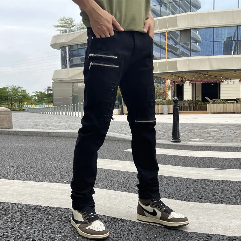 Y2K fashion men's jeans stretch slim fit patchwork designer bicycle black jeans men's zipper designer hip-hop denim punk pant