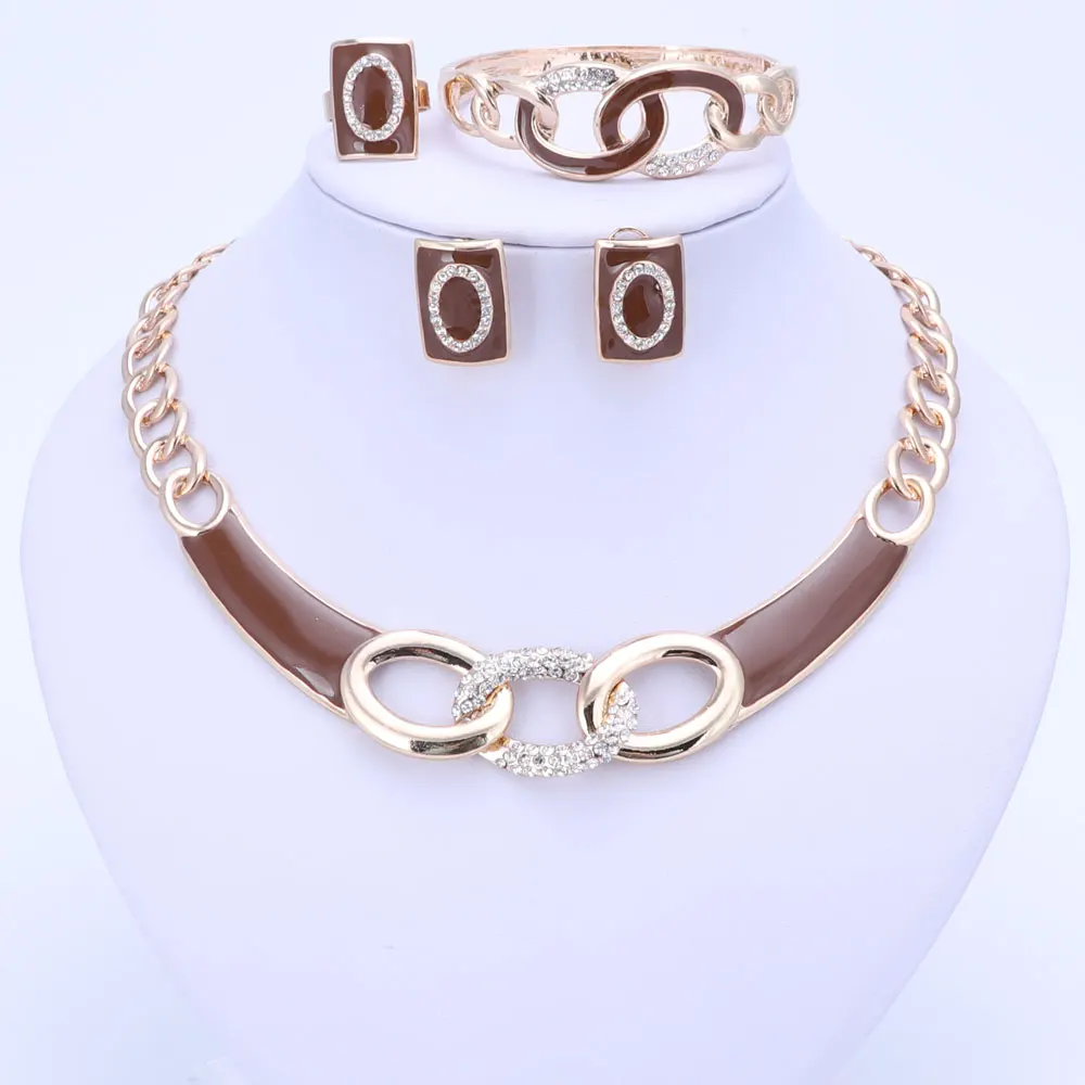 5Colors Jewelry Sets Necklace Ring Bracelet Earrings Wedding Gold Color For Women Crystal Maxi Dress Accessories