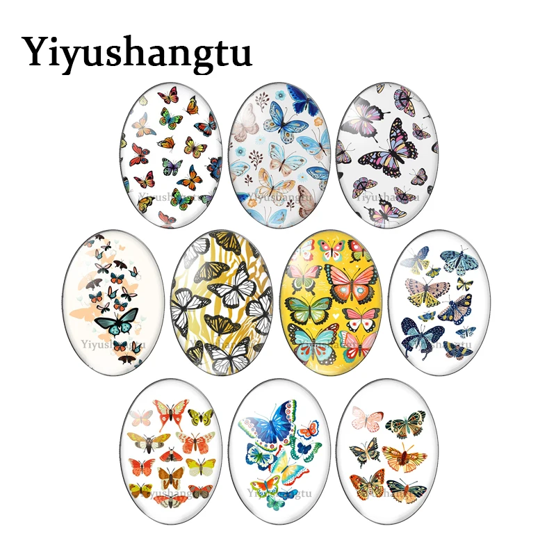 Fashion Colourful Butterflies flying and dancing 13x18mm/18x25mm/30x40mm Oval photo glass cabochon flat back Making findings