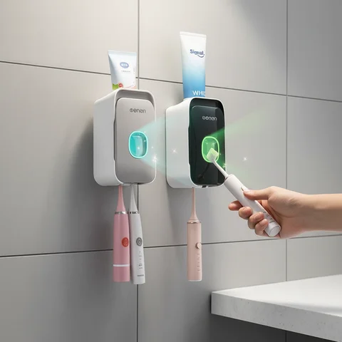 MENGNI Toothpaste Dispenser Wall-Mounted Bathroom Toothpaste Squeezer Punch-Free Toothbrush Holder Rack manual operation