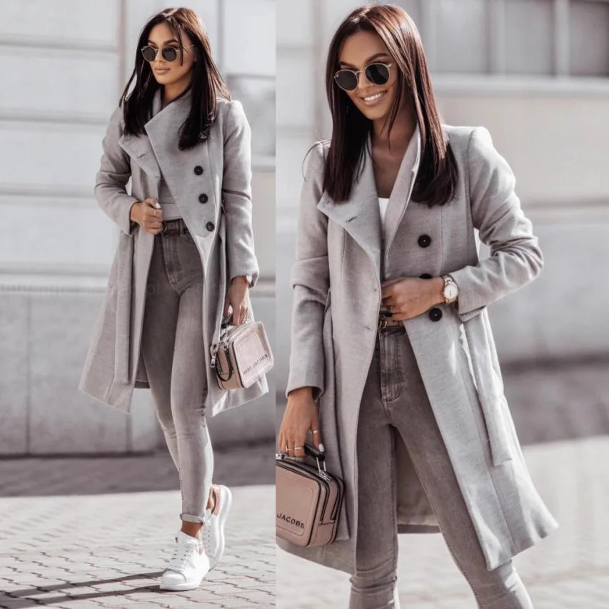 معطف صوفي سترة المرأة معطف الصوف الخريف الشتاء واحدة الصدر رفض طوق حزام مكتب سيدة خمر ملابس خارجية #2