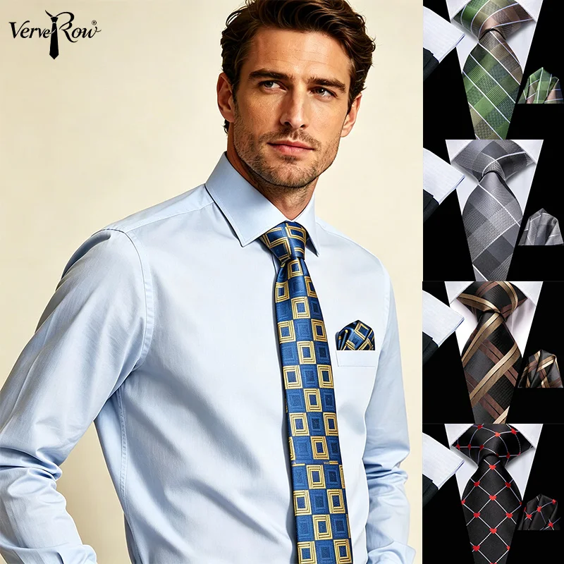 VerveRow Men Blue Gold Square Pattern Tie & Pocket Square Set, Luxury Geometric Necktie for Business Wedding Formal Wear