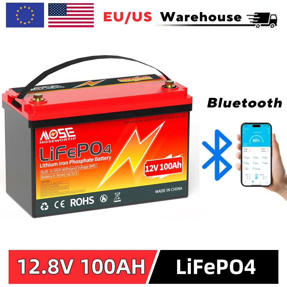 12V 100Ah LiFePO4 Rechargeable Battery Pack Built-in Bluetooth BMS Lithium Battery for Trolling Motor Fish Outdoor Camping Solar