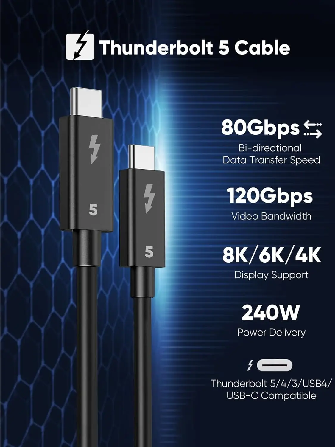 عرض ساخن لعام 2025 كابل CableCreation Smart Thunderbolt 5 متوافق مع Thunderbolt 4 USB4 Thunderbolt 3 USB-C للهاتف المحمول