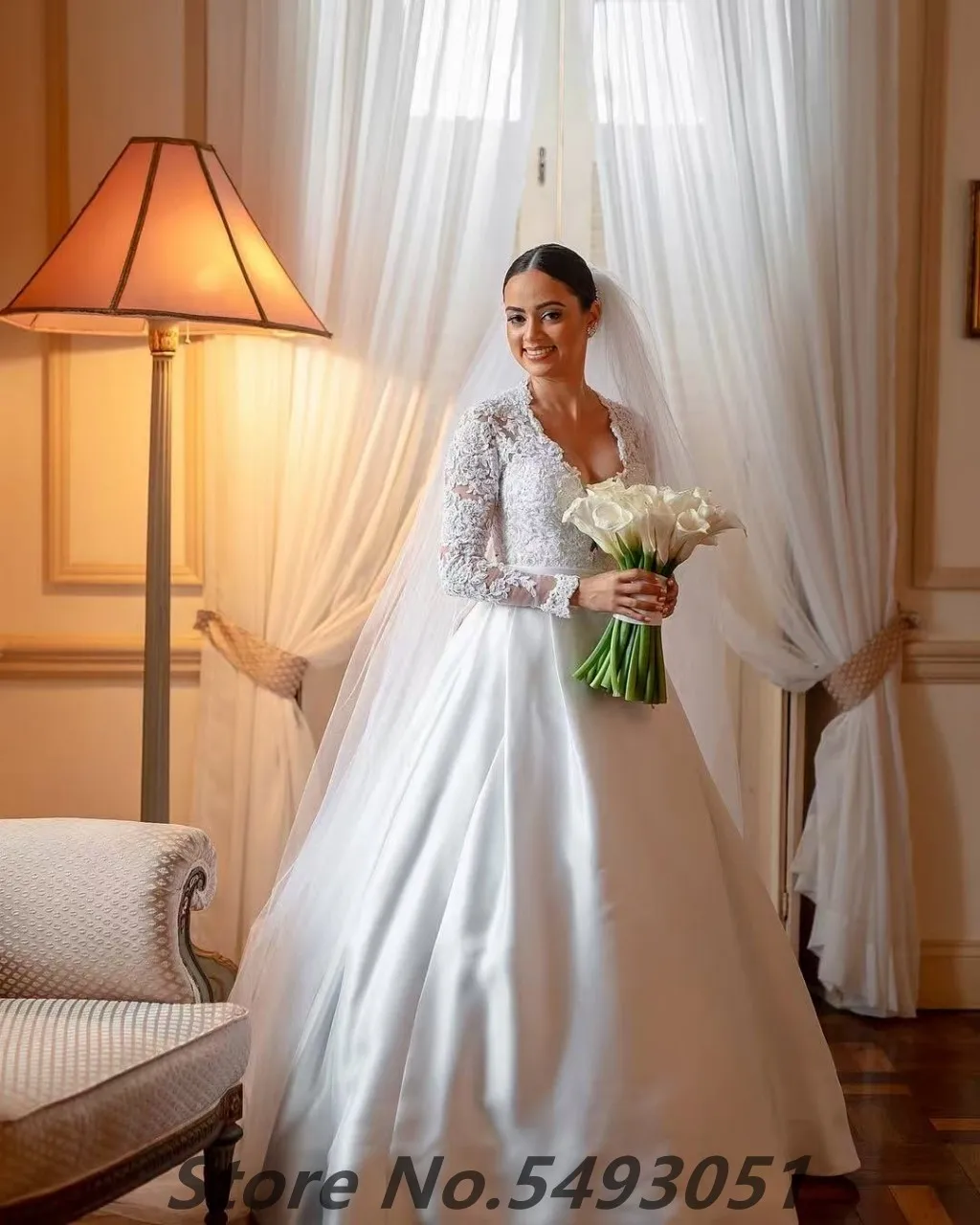 Sevintage 2025 エレガントなボールガウン サテン Vネック 長袖 ウェディングドレス カスタムメイド ブライダルガウン ウェディングドレス