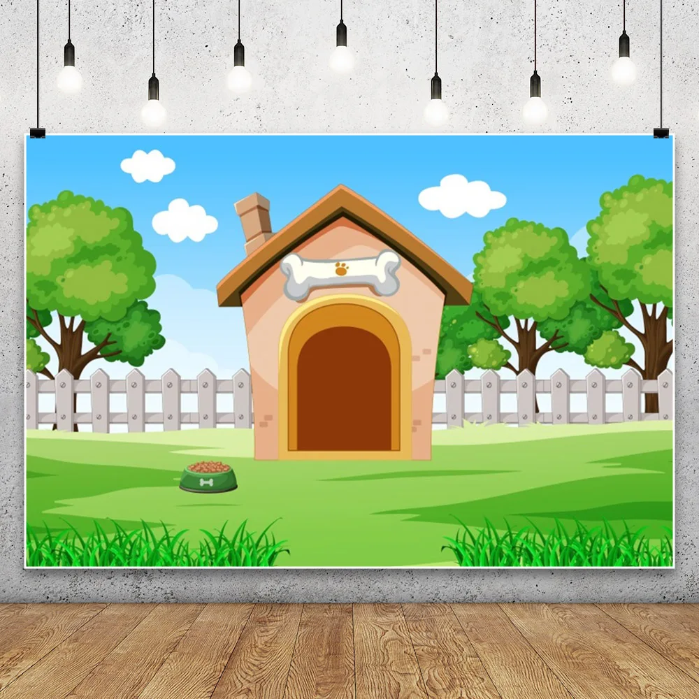 ZHISUXI Doghouse Puppy Dog Children Birthday Photography Backdrop Cartoon Pets Farm Theme Forest Blue Sky Scenic Background