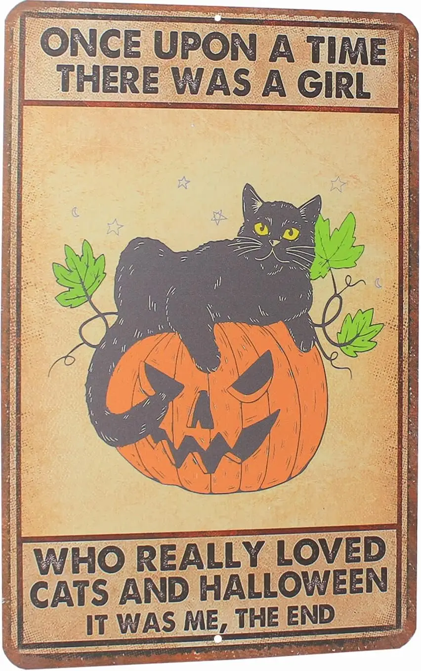 Letrero de metal vintage de Halloween con diseño de niña que amaba mucho los gatos y Halloween, estilo de cuento de hadas