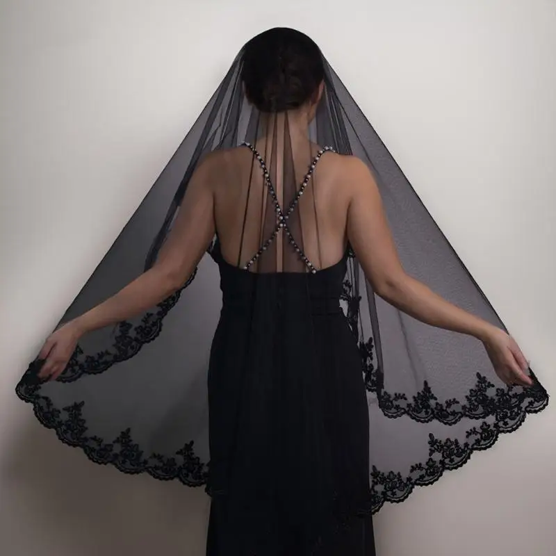 39BD Hochzeit Schleier Kopftuch Spitze Schwarz Schleier Braut Haar Zubehör Schwarz Mantilla – Detail 4