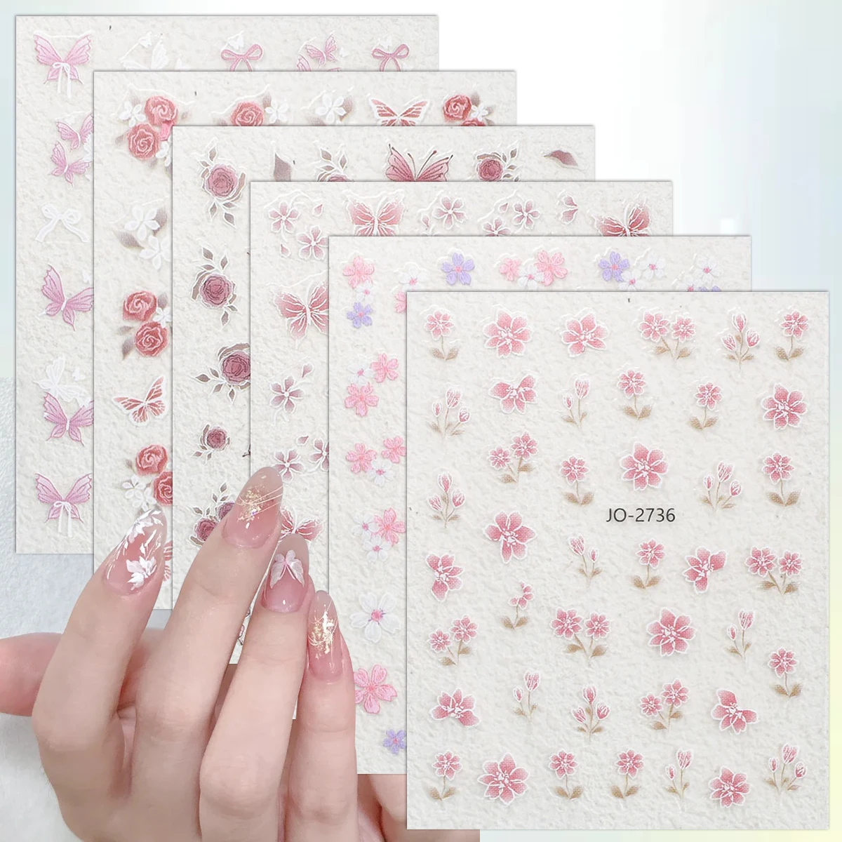 3/6/12 Blatt 3D-Blumen-Schmetterlings-Nagelaufkleber, geprägte rosa Blumenaufkleber für selbstklebende Nageldesign-Dekorationen