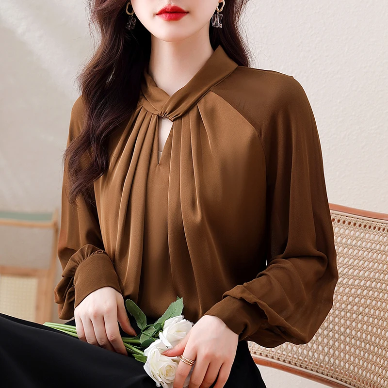 Chiffon Solid Women\'s Shirts Loose Office Lady Blouses Spring/Summer Clothing Hollow Out Fashion Full Women Tops