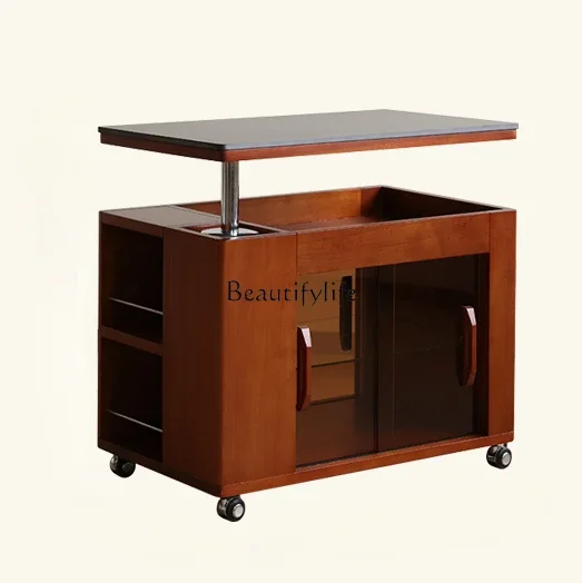 

13Nordic retro movable lift cart solid wood tea cabinet side table