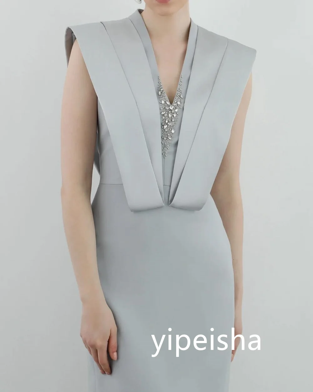 Customized Sizes Available Jersey Pleat Sheath V-neck Midi Dresses Evening Dresses Classic Exquisite Modern Style Pastrol Chines