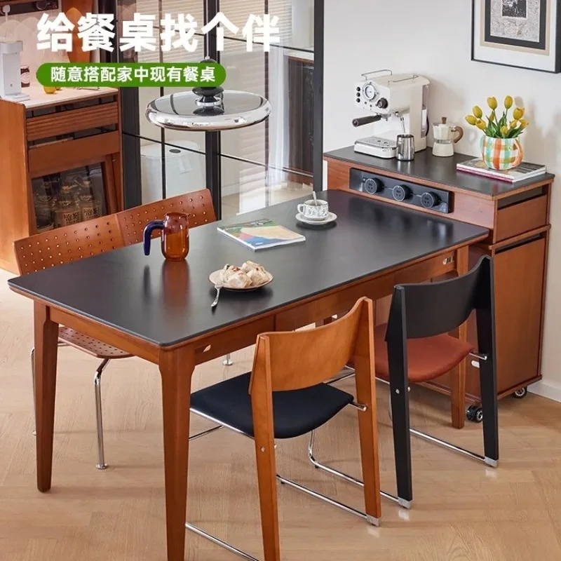 Medieval style movable solid wood, island cabinet, separate small apartment with rock slab dining table, integrated retro island