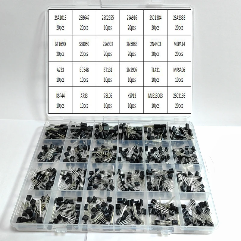 2SA-SC 24Values TO-92 PNP NPN Transistor Assortment Assorted Kit KSP44 13003 TL431 78L06 2SA2383 2SA1013 2SB647 SS8050 A733 5088