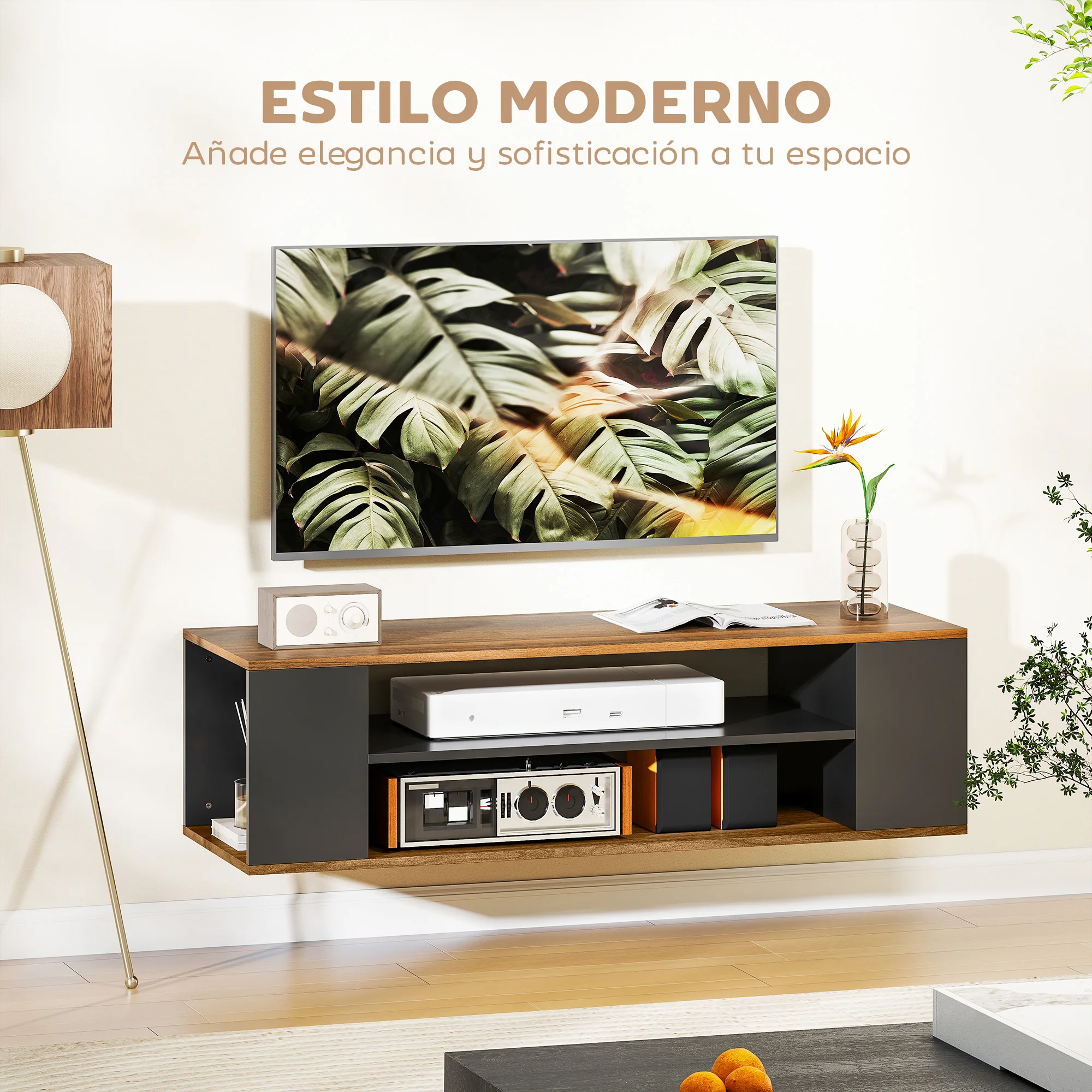 HOMCOM Mueble de TV con Ruedas, Mesa de TV Suspendido o de Pie, para Salón, con 4 Estantes Abiertos, Televisión de 55 Pulgadas