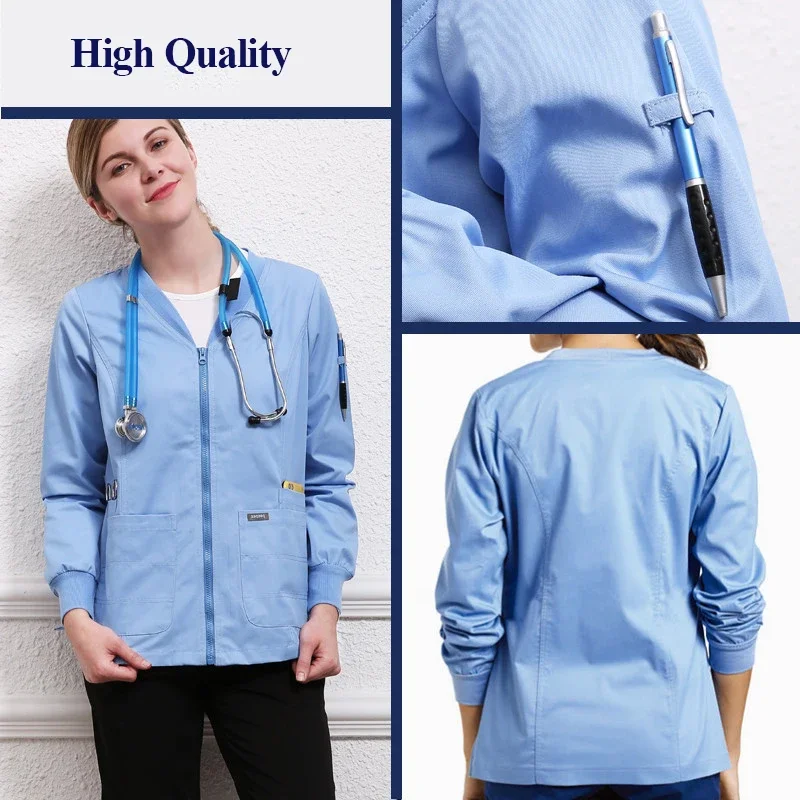 Peso leve unisex malha Workwear, Scrub Jacket, Outercoat, enfermeira trabalhando uniformes, algemas, zíper frontal túnica