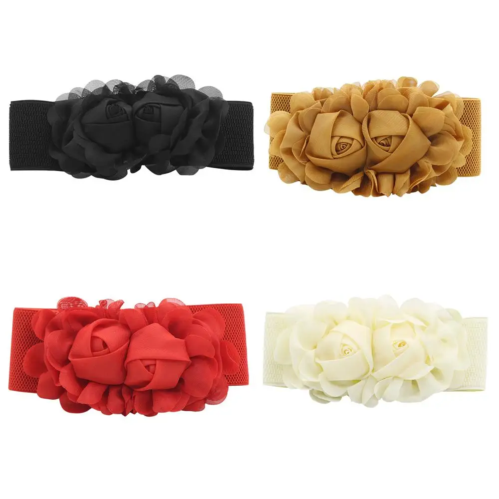 Fashion Belt For Women\'s Double Rose Flowers Elastic Stretch Waist Belt Wide Stretch Waistband