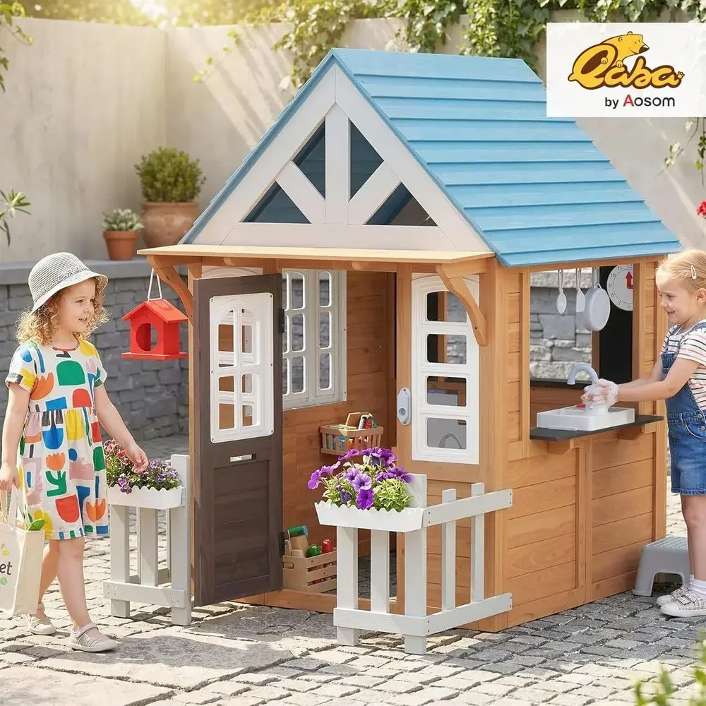 Qaba Outdoor Playhouse with Pe - Kids Outdoor Wooden Playhouse recension och pris