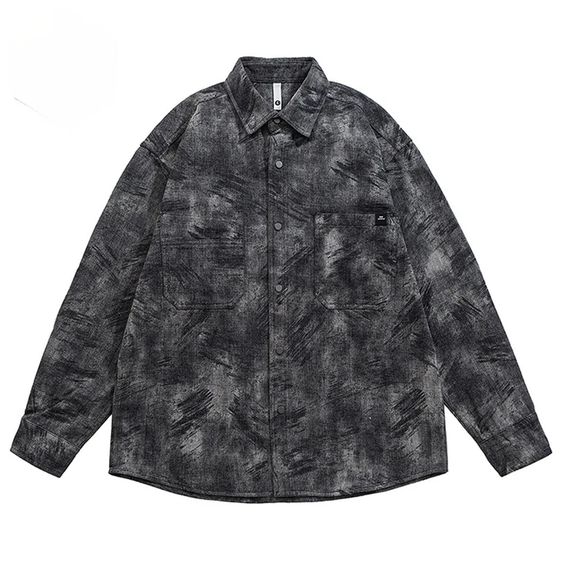 

Men Vintage Denim Shirts Black Loose Long Sleeve Shirts Button Up Blouse Streetwear Harajuku Hip Hop Oversized Shirts