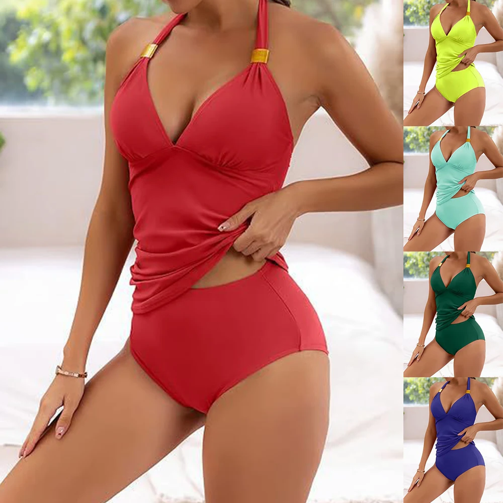 

New Women's Halter Neck Strap Bikini Bikini Solid Color Split Two-piece Swimsuit 2024 Beachwear Swimwear For Women Trend Travel