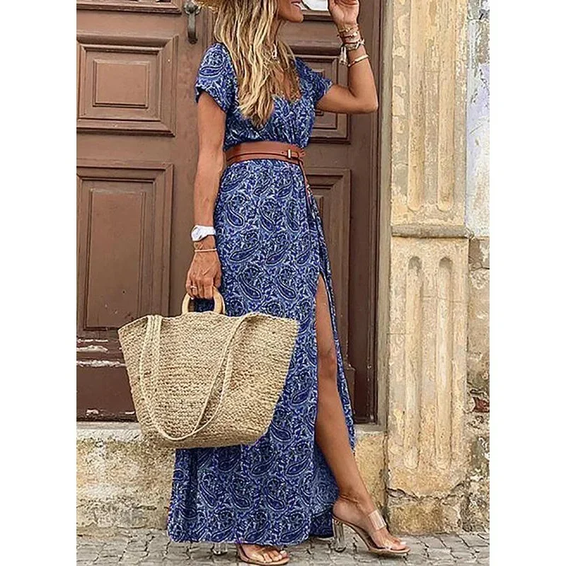 

Women Sexy Casual Elegant Holiday Dress Summer Trend V-Neck High Slit Irregular Midi Dress Retro Vintage Print Slim With Belt