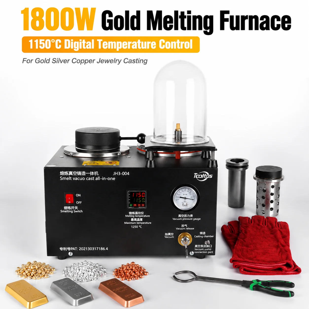 TOOLTOS 1800W Electric Gold Melting Furnace 1150C Digital Metal Melting Furnace for Gold Silver Copper Jewelry Casting