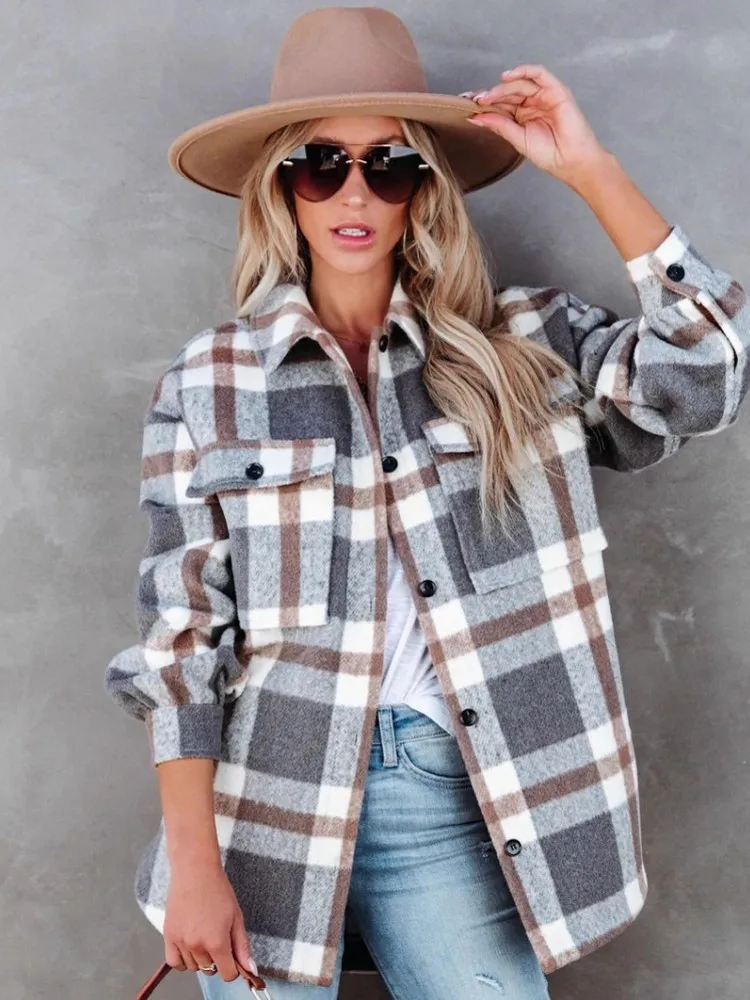 جديد Vintage المرأة المتضخم كم طويل منقوشة قميص بلوزة بلايز الخريف الشتاء زر أسفل فضفاض التلبيب جيب قميص الكورية نمط