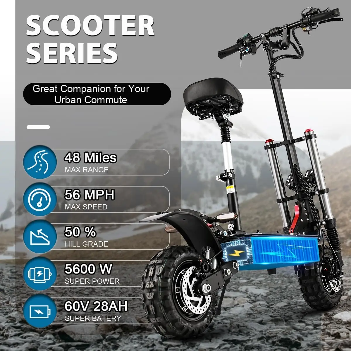 T88 folding electric scooter with seat, 5600W, 60V, 38.4AH, 80 km/h, 90km range, 11inch, off-road tire