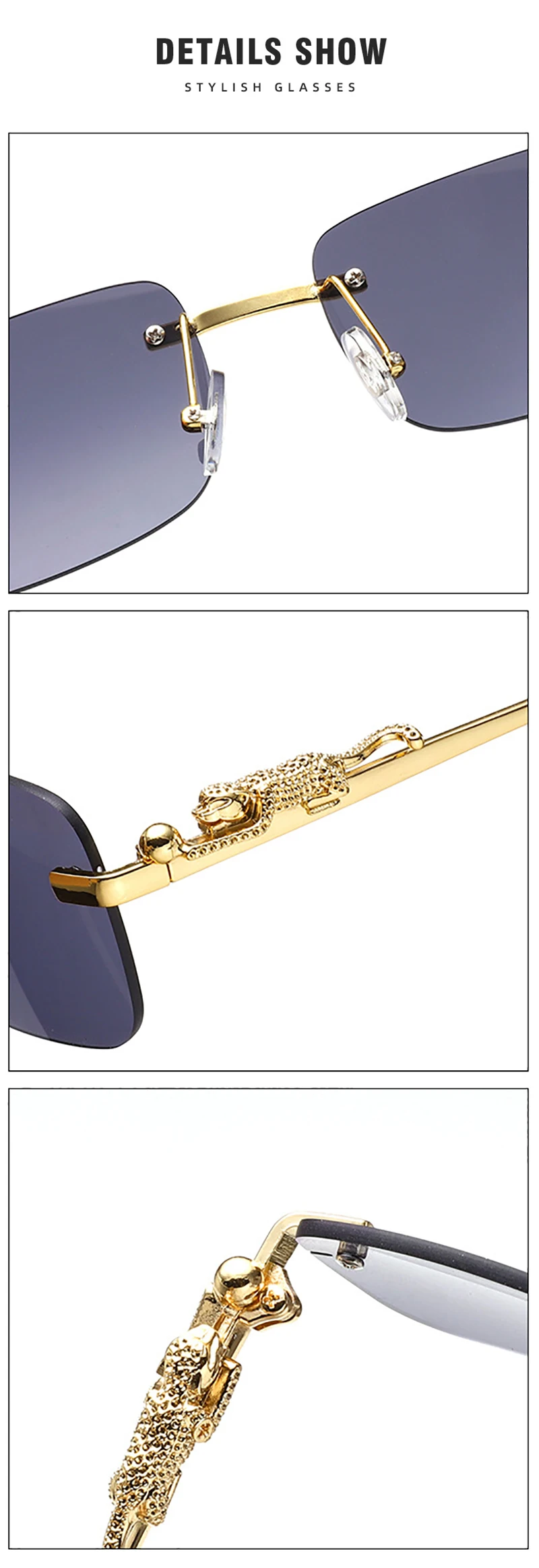 Klassische randlose Sonnenbrille für Herren und Damen, modisch, Leoparden-Dekoration, kleine Sonnenbrille, stilvoll, rahmenlos, zum Fahren, Reisen – Detail 4