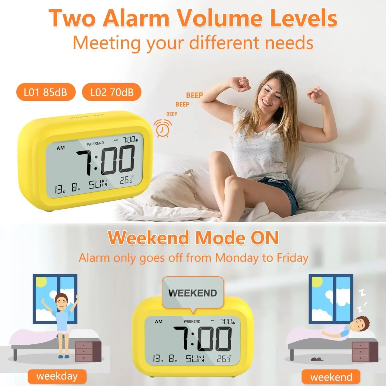 Digital Alarm Clock LCD Alarm Clock Calendar Temperature Humidity Display Electronic Desktop Clock for Home Office Bedroom Decor